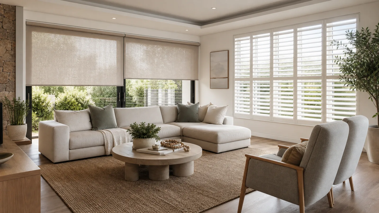 Made-to-measure roller blinds and plantation shutters in a modern Albury living room
